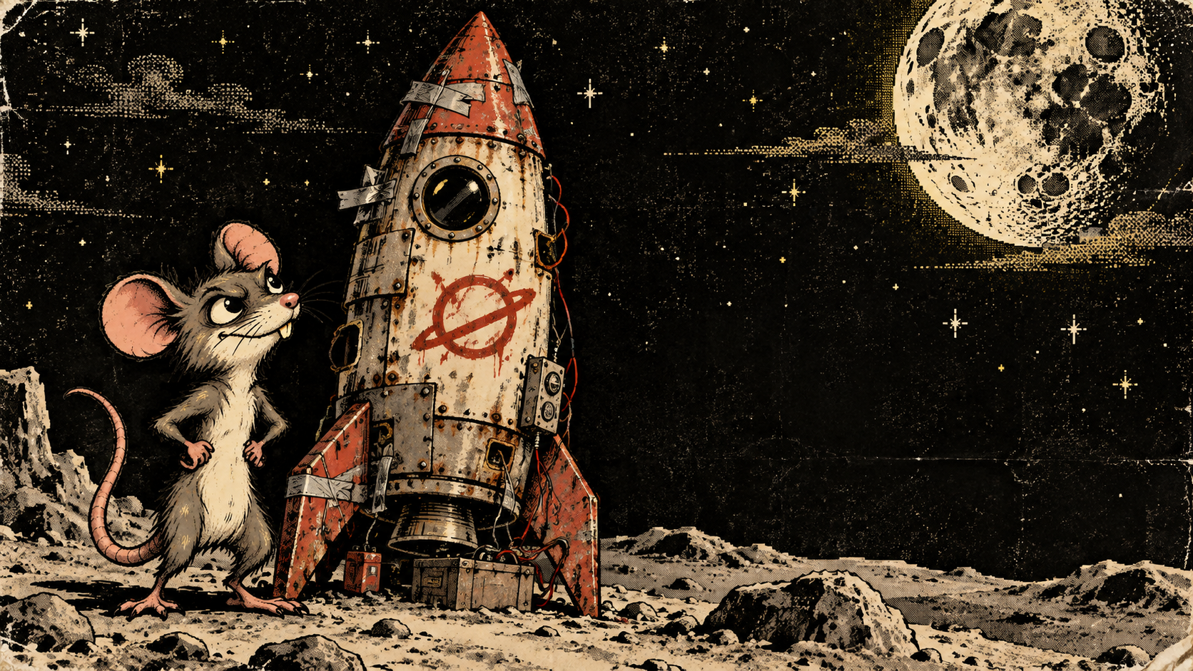 MoonRat beside a homemade rocket on the moon